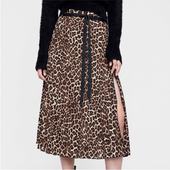 Zara Dresses & Skirts - Brand new Zara Animal Print Midi Slit Skirt with Black Tie